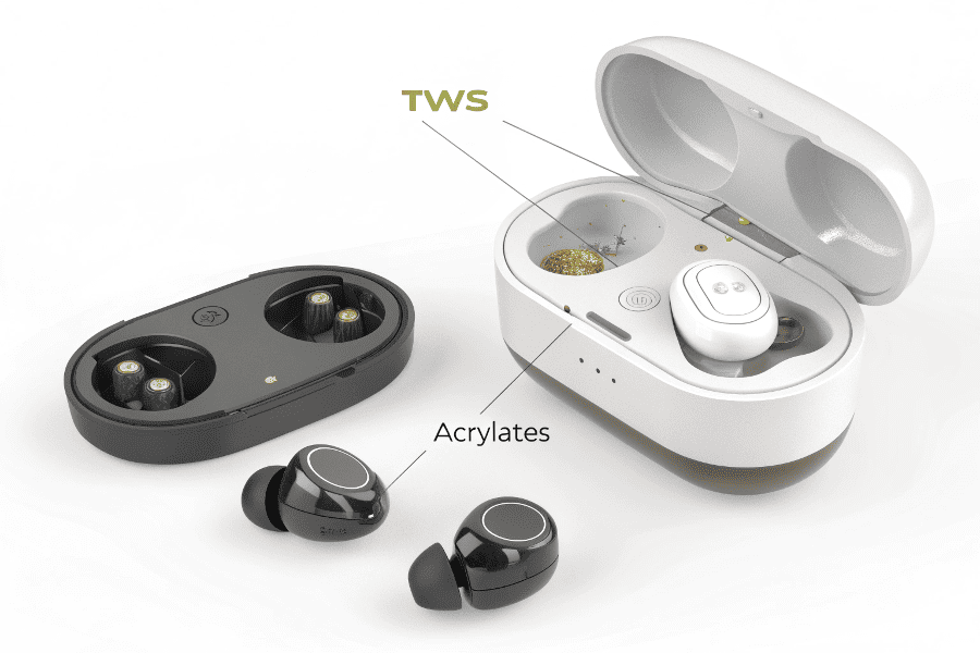 Diagram showing potential allergen points on an AirPod